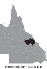 Black flat blank highlighted location map of the ISAAC REGION AREA inside gray administrative map of areas of the Australian state of Queensland, Australia