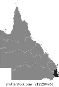 Black flat blank highlighted location map of the SOUTH EAST QUEENSLAND REGION inside gray administrative map of regions of the Australian state of Queensland, Australia