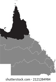 Mapa de ubicación resaltado en blanco y negro de la REGIÓN DEL NORTE, dentro del mapa administrativo gris de las regiones del estado australiano de Queensland, Australia
