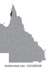 Schwarze, flache, hervorgehobene Standortkarte des SHIRE OF AURUKUN-GEBIETS innerhalb der grauen Karte der Gebiete des australischen Bundesstaates Queensland, Australien