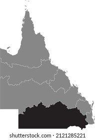 Black flat blank highlighted location map of the DARLING DOWNS SOUTH WEST REGION inside gray administrative map of regions of the Australian state of Queensland, Australia