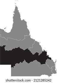 Black flat blank highlighted location map of the CENTRAL QUEENSLAND REGION inside gray administrative map of regions of the Australian state of Queensland, Australia