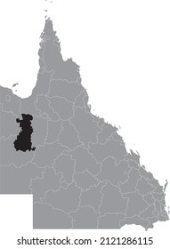 Schwarze, flache, hervorgehobene Ortskarte des SHIRE OF CLONCURRY-GEBIETS in grauer administrativer Karte der Gebiete des australischen Bundesstaates Queensland, Australien