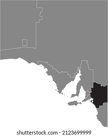 Black flat blank highlighted location map of the MURRAY MALLEE REGION inside gray administrative map of regions of the Australian state of South Australia