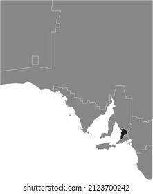 Schwarz-flacher, markierter Standort-Karte der METROPOLITAN ADELAIDE-REGION in grauer administrativer Karte der Regionen des australischen Bundesstaates Südaustralien