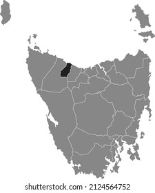 Black flat blank highlighted location map of the BURNIE AREA inside gray administrative map of areas of the Australian state of Tasmania, Australia