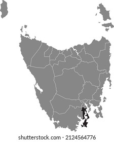 Black flat blank highlighted location map of the KINGBOROUGH AREA inside gray administrative map of areas of the Australian state of Tasmania, Australia