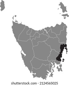 Black flat blank highlighted location map of the GLAMORGAN–SPRING BAY AREA inside gray administrative map of areas of the Australian state of Tasmania, Australia