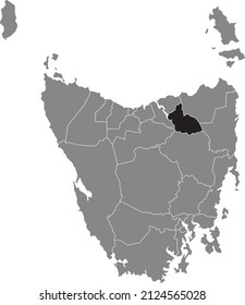 Black flat blank highlighted location map of the LAUNCESTON AREA inside gray administrative map of areas of the Australian state of Tasmania, Australia