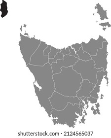 Black flat blank highlighted location map of the KING ISLAND AREA inside gray administrative map of areas of the Australian state of Tasmania, Australia