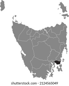 Black flat blank highlighted location map of the SORELL AREA inside gray administrative map of areas of the Australian state of Tasmania, Australia