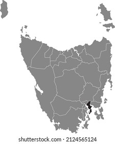 Black flat blank highlighted location map of the CLARENCE AREA inside gray administrative map of areas of the Australian state of Tasmania, Australia