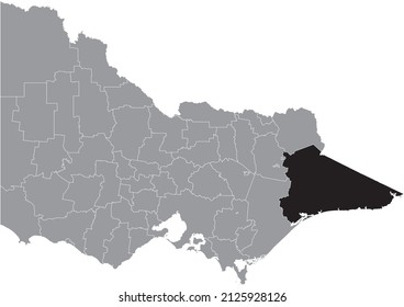 Black flat blank highlighted location map of the SHIRE OF EAST GIPPSLAND AREA inside gray administrative map of areas of the Australian state of Victoria, Australia