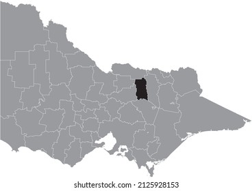 Black flat blank highlighted location map of the RURAL CITY OF BENALLA AREA inside gray administrative map of areas of the Australian state of Victoria, Australia