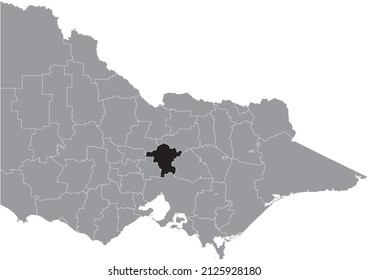 Black flat blank highlighted location map of the SHIRE OF MITCHELL AREA inside gray administrative map of areas of the Australian state of Victoria, Australia