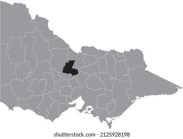 Black flat blank highlighted location map of the CITY OF GREATER BENDIGO AREA inside gray administrative map of areas of the Australian state of Victoria, Australia