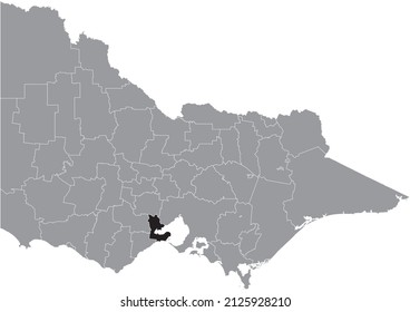 Mapa de ubicación resaltado en blanco y negro de la CIUDAD DE LA ÁREA DE GREATER GEELONG dentro del mapa administrativo gris de las zonas del estado australiano de Victoria, Australia