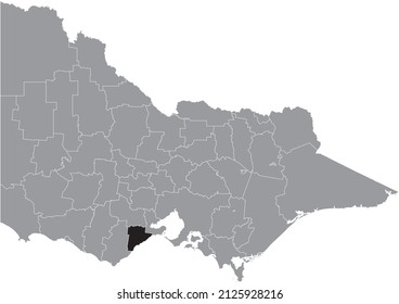 Black flat blank highlighted location map of the SURF COAST SHIRE AREA inside gray administrative map of areas of the Australian state of Victoria, Australia
