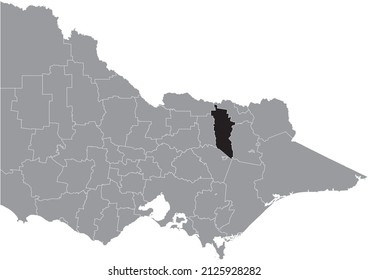 Black flat blank highlighted location map of the RURAL CITY OF WANGARATTA AREA inside gray administrative map of areas of the Australian state of Victoria, Australia