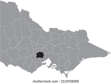 Black flat blank highlighted location map of the SHIRE OF MOORABOOL AREA inside gray administrative map of areas of the Australian state of Victoria, Australia