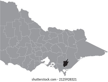 Black flat blank highlighted location map of the CITY OF LATROBE AREA inside gray administrative map of areas of the Australian state of Victoria, Australia