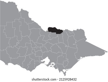 Black flat blank highlighted location map of the SHIRE OF MOIRA AREA inside gray administrative map of areas of the Australian state of Victoria, Australia