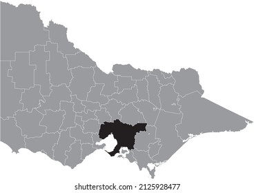 Black flat blank highlighted location map of the GREATER MELBOURNE AREA inside gray administrative map of areas of the Australian state of Victoria, Australia