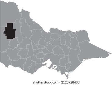 Black flat blank highlighted location map of the SHIRE OF HINDMARSH AREA inside gray administrative map of areas of the Australian state of Victoria, Australia