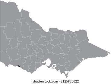 Black flat blank highlighted location map of the CITY OF WARRNAMBOOL AREA inside gray administrative map of areas of the Australian state of Victoria, Australia