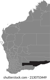 Schwarz flacher, markierter Standort-Karte des SHIRE OF DUNDAS AREA innerhalb der grauen Karte der Gebiete des australischen Bundesstaates Westaustralien
