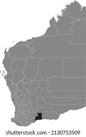 Black flat blank highlighted location map of the SHIRE OF RAVENSTHORPE AREA inside gray administrative map of areas of the Australian state of Western Australia