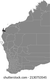 Black flat blank highlighted location map of the SHIRE OF EXMOUTH AREA inside gray administrative map of areas of the Australian state of Western Australia