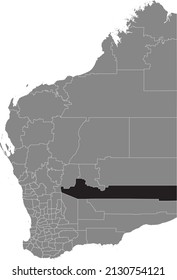Black flat blank highlighted location map of the SHIRE OF MENZIES AREA inside gray administrative map of areas of the Australian state of Western Australia