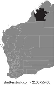 Black flat blank highlighted location map of the  SHIRE OF DERBY–WEST KIMBERLEY AREA inside gray administrative map of areas of the Australian state of Western Australia
