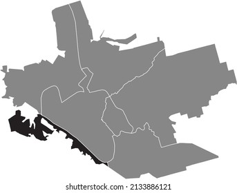 Black flat blank highlighted location map of the KHORTYTSKY DISTRICT inside gray administrative map of Zaporizhzhia, Ukraine