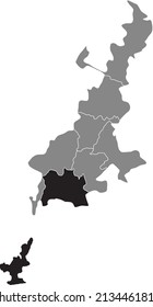 Black flat blank highlighted location map of the INHULETS RAION inside gray administrative map of Kryvyi Rih, Ukraine