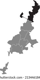 Black flat blank highlighted location map of the TERNY RAION inside gray administrative map of Kryvyi Rih, Ukraine