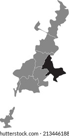 Black flat blank highlighted location map of the DOVHINTSEVSKY RAION inside gray administrative map of Kryvyi Rih, Ukraine
