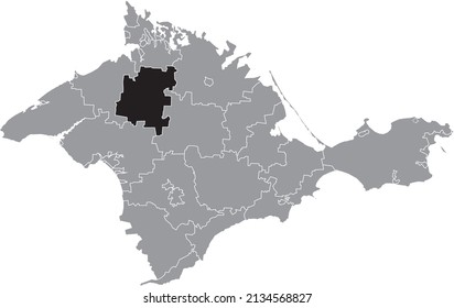 Mapa de ubicación resaltado en blanco y negro de la RAIÓN PERVOMAISKE dentro del mapa administrativo gris de las lluvias y municipios de la ciudad de la República Autónoma de Crimea, Ucrania