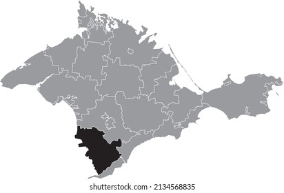Black flat blank highlighted location map of the BAKHCHYSARAI RAION inside gray administrative map of raions and city municipalities of the Autonomous Republic of Crimea, Ukraine