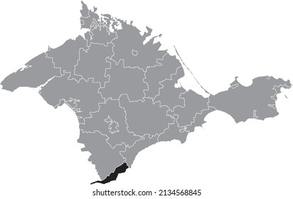 Black flat blank highlighted location map of the YALTA MUNICIPALITY inside gray administrative map of raions and city municipalities of the Autonomous Republic of Crimea, Ukraine