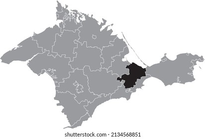 Black flat blank highlighted location map of the KIROVSKE RAION inside gray administrative map of raions and city municipalities of the Autonomous Republic of Crimea, Ukraine