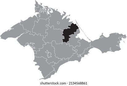 Black flat blank highlighted location map of the NYZHNIOHIRSKYI RAION inside gray administrative map of raions and city municipalities of the Autonomous Republic of Crimea, Ukraine