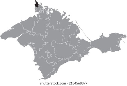 Black flat blank highlighted location map of the ARMIANKS MUNICIPALITY inside gray administrative map of raions and city municipalities of the Autonomous Republic of Crimea, Ukraine