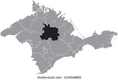 Black flat blank highlighted location map of the KRASNOHVARDIISKE RAION inside gray administrative map of raions and city municipalities of the Autonomous Republic of Crimea, Ukraine
