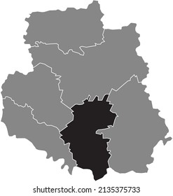 Black flat blank highlighted location map of the TULCHYN RAION inside gray raions map of the Ukrainian administrative area of Vinnytsia Oblast, Ukraine