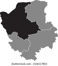 Black flat blank highlighted location map of the KOVEL RAION inside gray raions map of the Ukrainian administrative area of Volyn Oblast, Ukraine