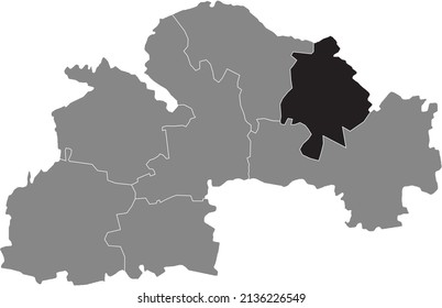 Black flat blank highlighted location map of the PAVLOHRAD RAION inside gray raions map of the Ukrainian administrative area of Dnipropetrovsk (Sicheslav) Oblast, Ukraine