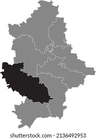 Black flat blank highlighted location map of the VOLNOVAKHA RAION inside gray raions map of the Ukrainian administrative area of Donetsk Oblast, Ukraine