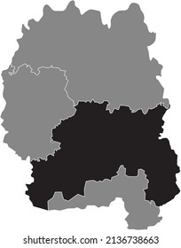 Black flat blank highlighted location map of the ZHYTOMYR RAION inside gray raions map of the Ukrainian administrative area of Zhytomyr Oblast, Ukraine